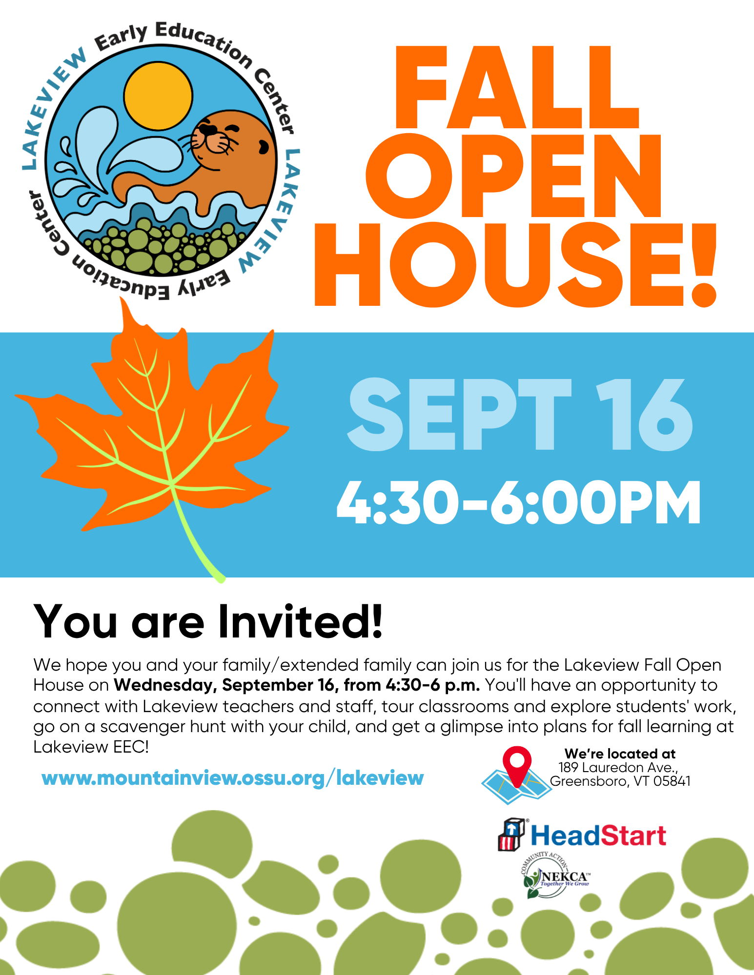 Lakeview logo and fall open house flyer